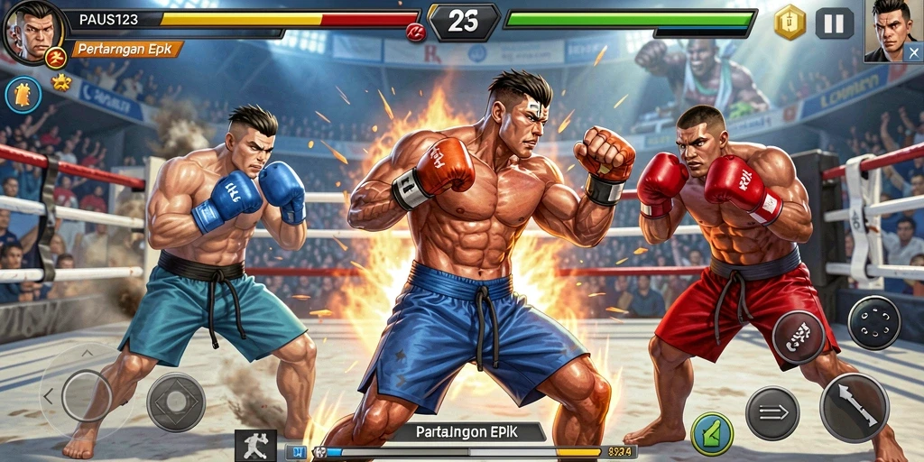 Tangkapan layar menunjukkan karakter bertarung dengan gaya unik dan efek visual yang mengesankan.