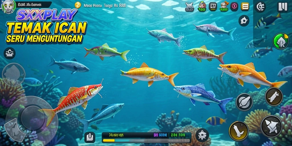 Tampilan gameplay SXXPLAY yang penuh warna dan seru saat menangkap ikan.