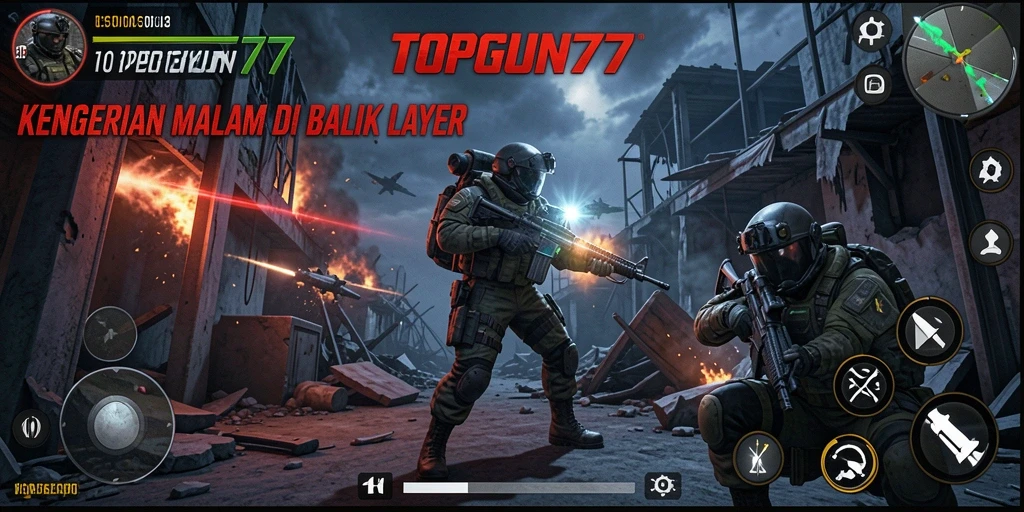 Skrinsut permainan TOPGUN77 yang menampilkan suasana menyeramkan dan gameplay menegangkan.